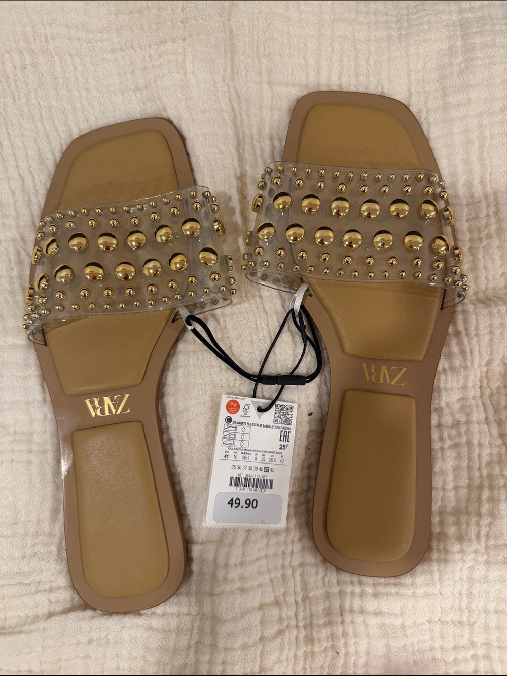 ZARA Tan Slide Sandals with Gold Studded Clear Strap